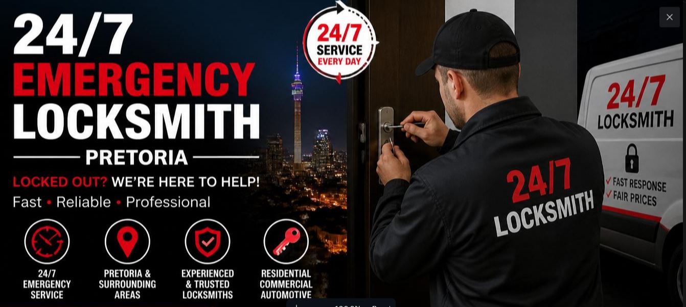 24/7 mobile locksmith providing emergency car, home and office lockout assistance across Pretoria