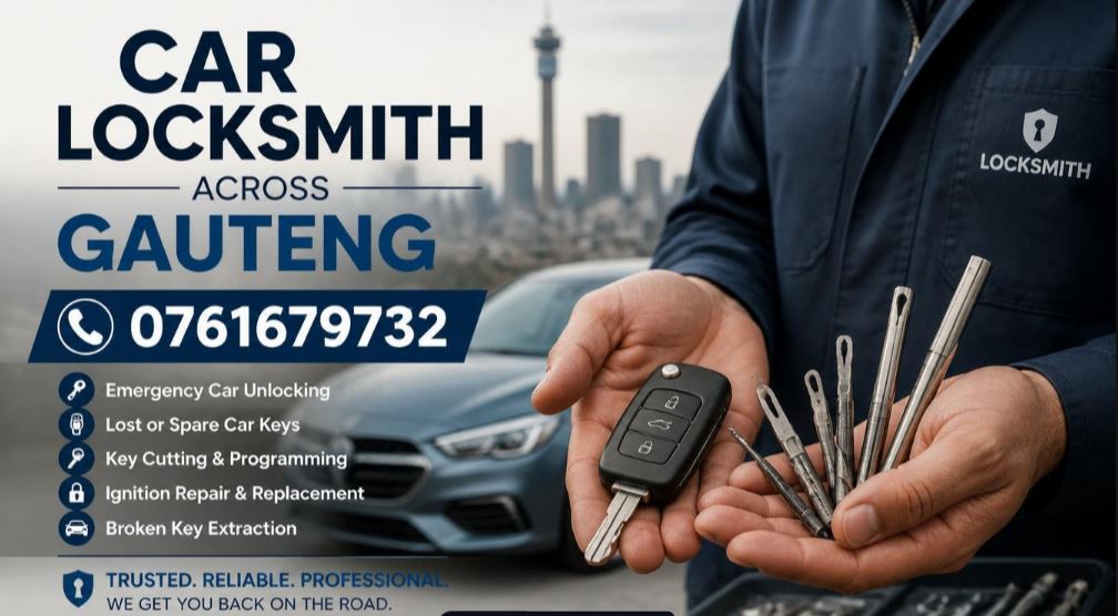 PSIRA-registered mobile car locksmith in Gauteng providing emergency vehicle lockout assistance, transponder key programming, and ignition repairs in Pretoria, Centurion, Johannesburg, and surrounding areas.