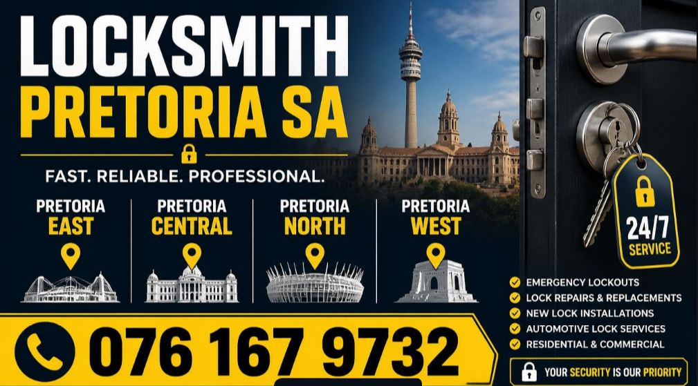 Professional 24/7 mobile locksmith in Pretoria offering emergency services in Pretoria East, West, North, and Moot. Call 076 167 9732.