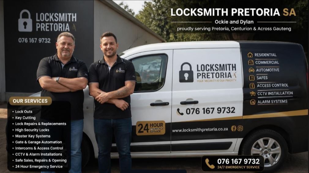 Locksmith Pretoria SA provides 24/7 emergency locksmith services including residential, commercial, and automotive security solutions across Pretoria, Centurion, and the wider Gauteng region. PSIRA-registered, mobile, and professional.