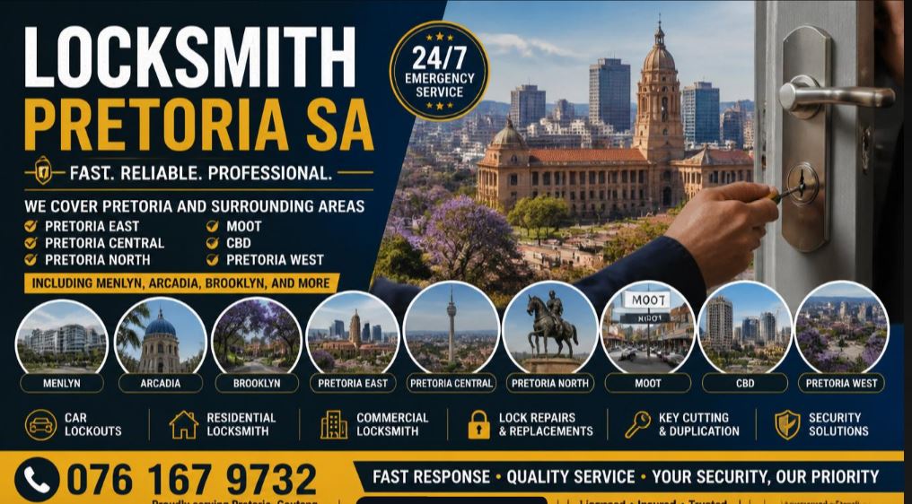 Professional 24/7 mobile locksmiths serving all regions of Pretoria, including Pretoria East, Pretoria West, Pretoria Moot, Pretoria North, and Centurion. Fast, reliable, and PSIRA-certified emergency locksmith services near you.
