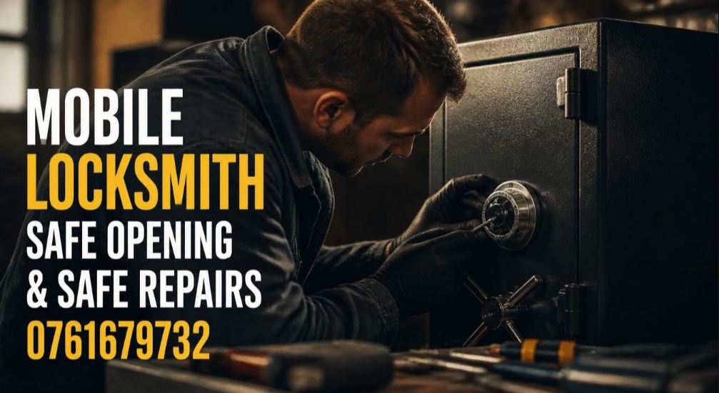 Mobile locksmith opening and repairing a home or office safe in Pretoria using professional safe locksmith tools.