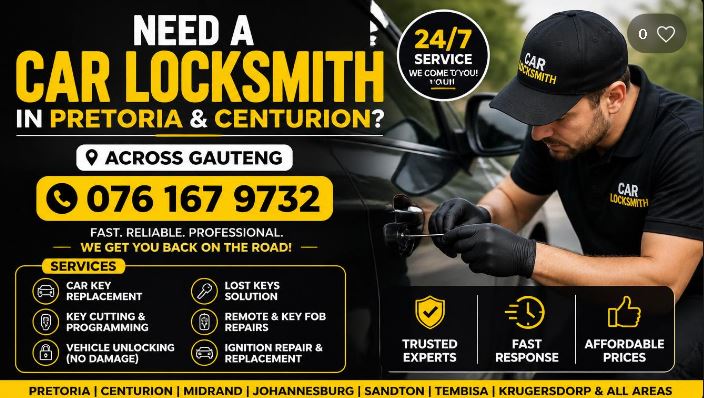 Professional emergency car locksmith in Gauteng providing 24/7 mobile vehicle unlocking, lost car key replacement, and ignition repairs. Call 076 167 9732 for fast assistance in Pretoria, Centurion, and Johannesburg.