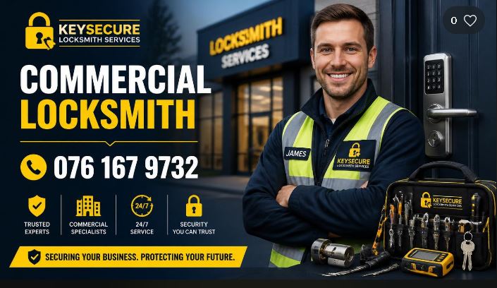 Professional commercial locksmith providing 24/7 master key systems, office lock repairs, and high-security installations for businesses in Pretoria.