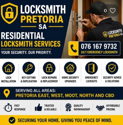 Professional residential locksmith services for home lockouts and security upgrades in Pretoria
